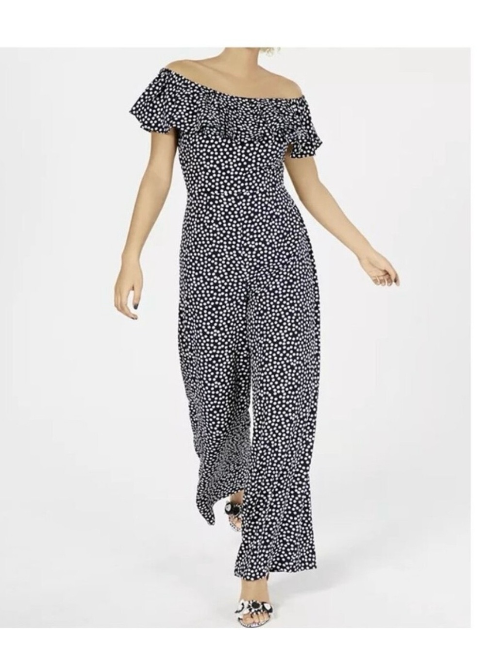 Betsey Johnson Off-The-Shoulder Navy And White Polka Dot Wide Leg Jumpsuit
